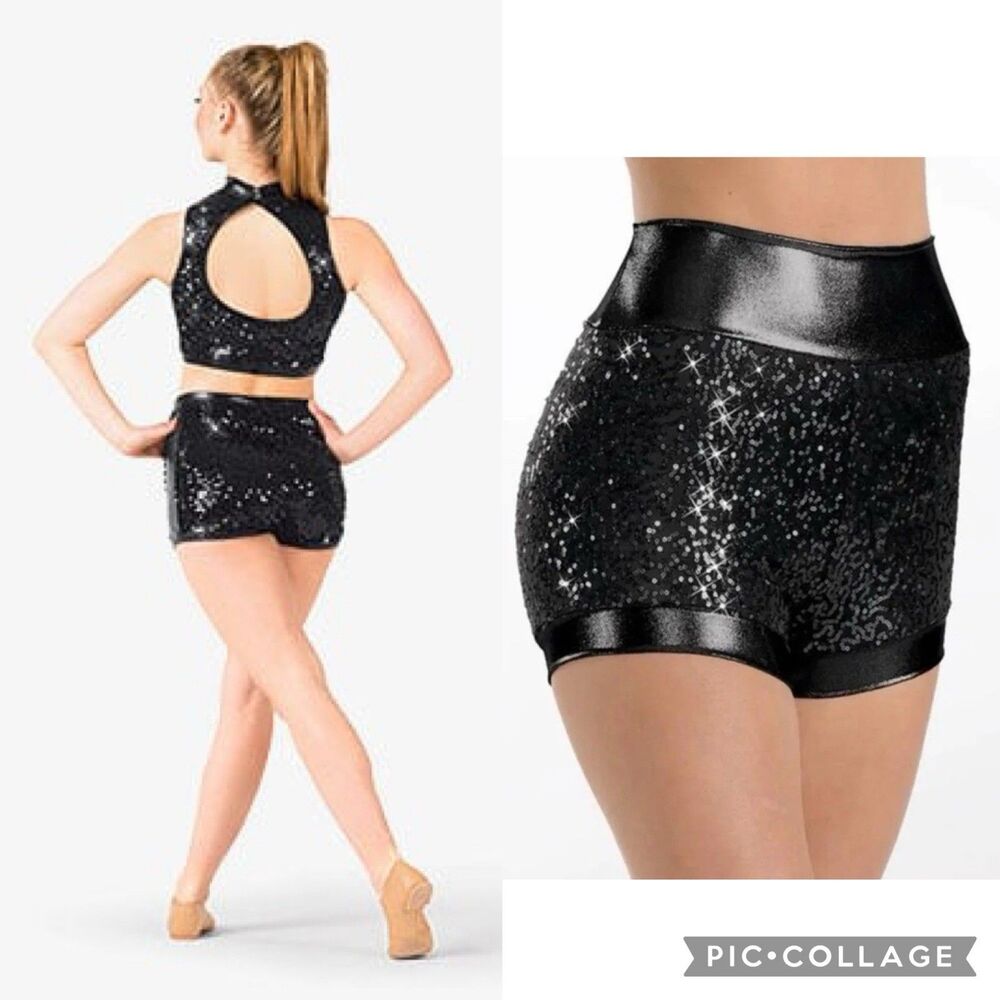 BALERA DANCEWEAR Black Sequin High Waisted Shorts Tank Set XL TOP M BOTTOMS